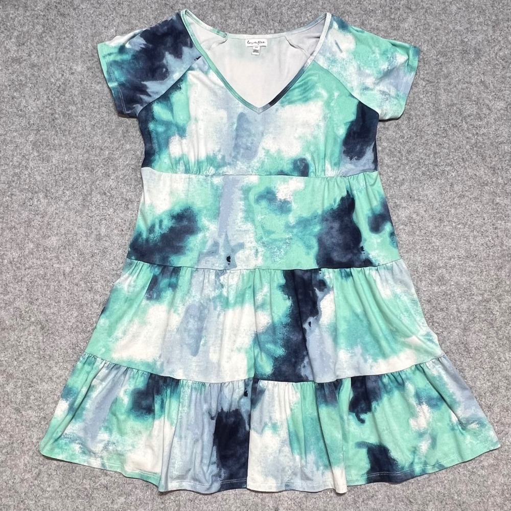 Love Fire Women Teal Blue Tie Dye Tiered V-Neck Mini Dress S